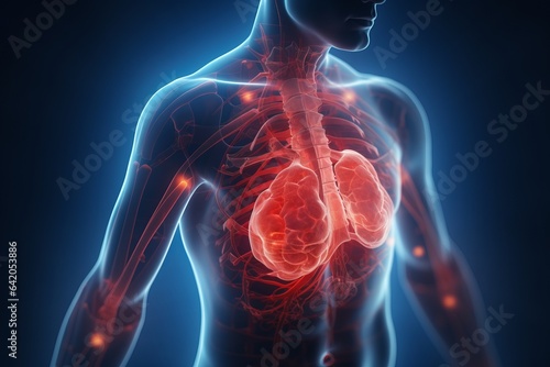 Heart attack, stroke or lung disease illustration of man with red lungs or chest illustrating respiratory disease.generative ai
