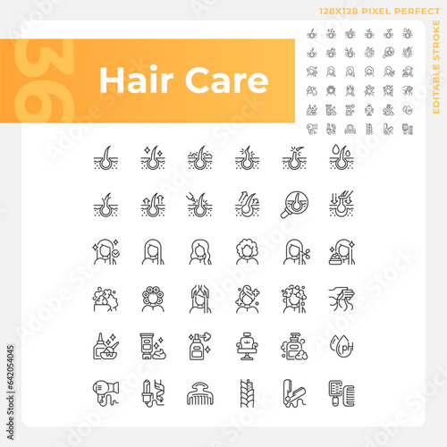 Pixel perfect black icons collection representing haircare, customizable thin line illustration.