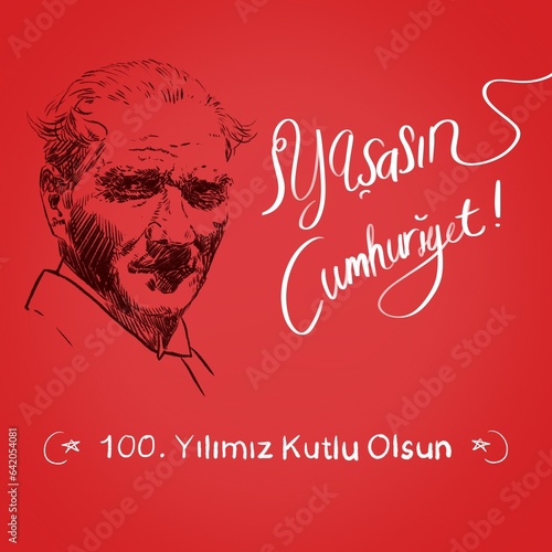  Republic Day Turkey. Turkish: Yasasin Cumhuriyet. Hand drawn illustration and hand drawn text. Typography. Red background.