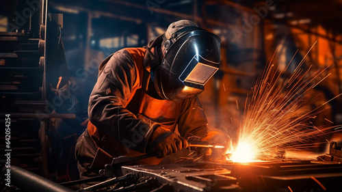 man in protective mask working on metal in factory with sparks in industrial