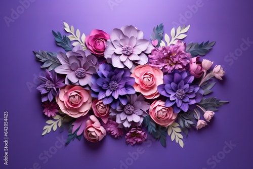 Floral bouquet isolated on purple background. Colorful paper spring flowers and leaves wallpaper. Bright greeting card design for holiday  Mother s day  easter  Valentine s day. Papercraft  quilling