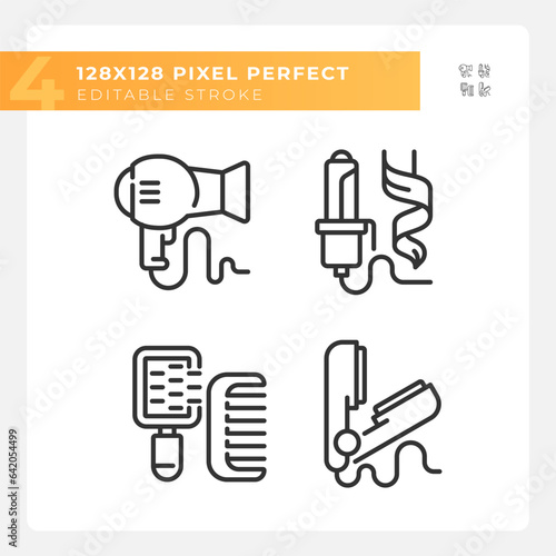 Pixel perfect black thin linear icons pack representing haircare, customizable illustration.