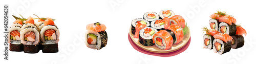 Fresh salmon cheese and caviar in Japanese sushi rolls transparent background