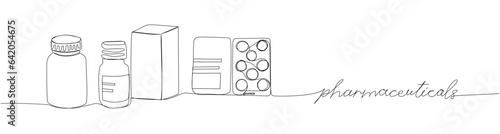 Pharmaceuticals set. Pills Blister pack, tablets, capsules, packaged medicines, herbal, medicine one line art. Continuous line drawing of medication, medical, with inscription, lettering, handwritten.