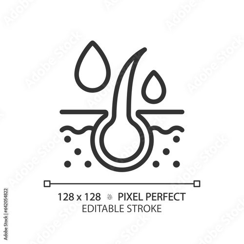 2D pixel perfect customizable hair follicle treatment black icon, isolated vector, haircare thin line simple illustration.