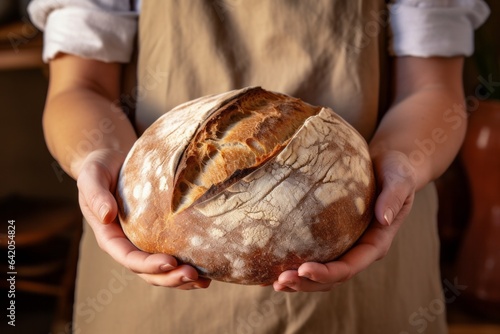 Baker holding freshly baked round bread in his hands, hand view. Advertising or banner for bakery.generative ai 