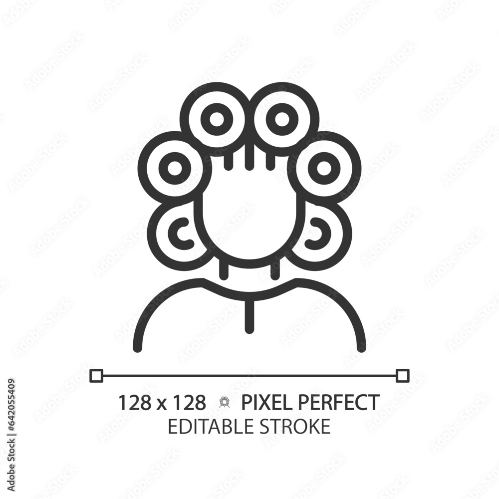 2D pixel perfect customizable woman with rollers on head black icon, isolated vector, haircare thin line simple illustration.