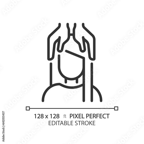 2D pixel perfect customizable woman with head massage black icon, isolated vector, haircare thin line simple illustration.