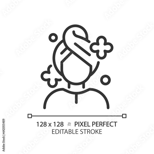 2D pixel perfect customizable woman with hair wash black icon, isolated vector, haircare thin line simple illustration.