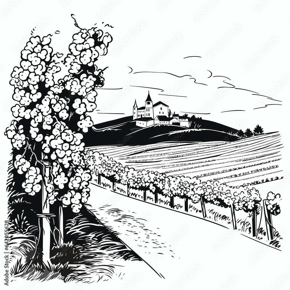 Ink And Pencil Drawing Image Of The Vineyard Field With A Tree And Fence