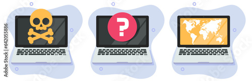 Computer malware threat icon vector, pc laptop question mark 3d, digital unknown inquiry online, virtual internet world map, skull hack warning crime on screen image clipart set