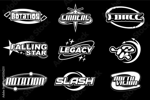 Y2K Logotype Graphic Assets frame Design, Lettering design. Big collection of typography or typeface abstract graphic Pack. y2k elements. stickers, posters, banners, streetwear. Vector illustration