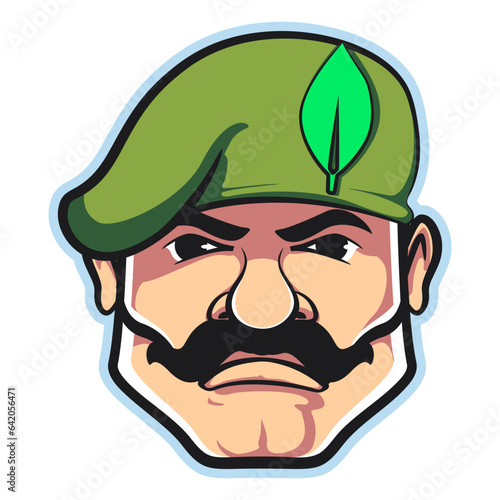Vector mascot, cartoon and illustration of a hefty mustachioed soldier in a green beret with a serious face