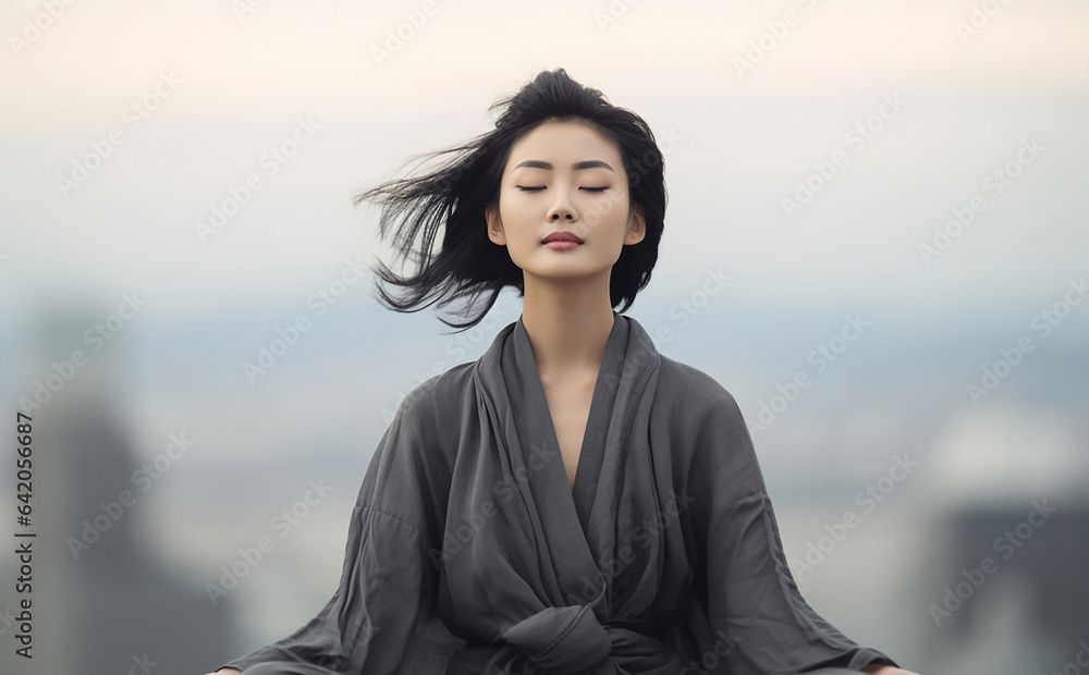 A young woman meditates outdoors in a park and within an Asian cultural building, basking in sunlight. She strikes a serene yoga pose. Generative AI.