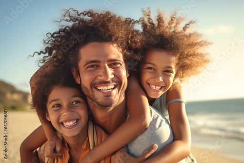 Smiling father with daughters on the beach, happy family having fun by the sea.generative ai  © Ivan