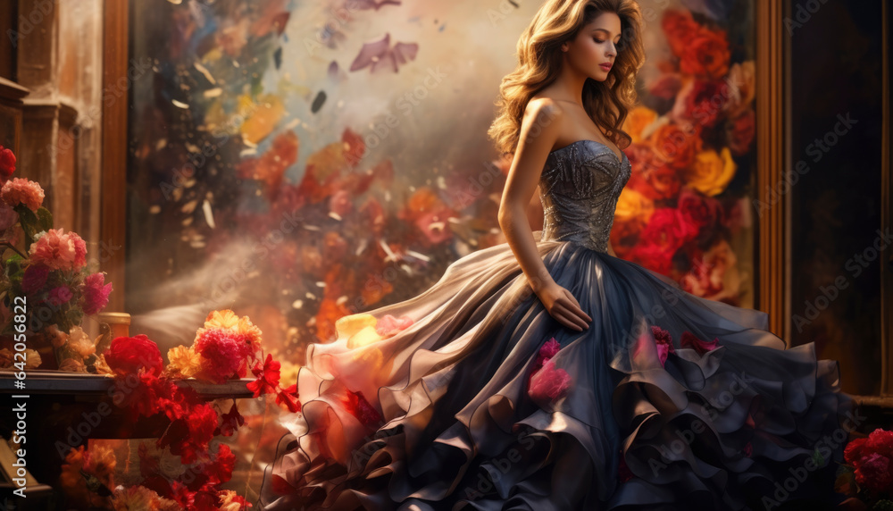 Colorful and creative painting of a stylish female model wearing a dress, artistic illustration of an elegant woman Colorful and creative painting of a stylish female model wearing a dress, artistic illustration of an elegant woman