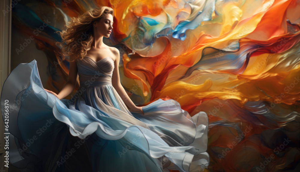 Colorful and creative painting of a stylish female model wearing a dress, artistic illustration of an elegant woman