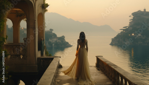 Beautiful woman wearing a fashion dress in a romantic scene, alone by a lake in the sunset