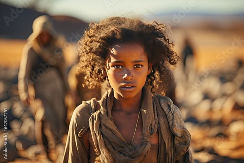 Portrait of an African girl in a poor neighborhood. Poverty Symbol: African Black child The problem of poverty and inequality