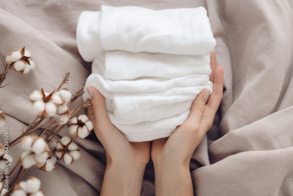 Ecological white cotton blanket or material in the hands of a woman with elements of cotton next to it
