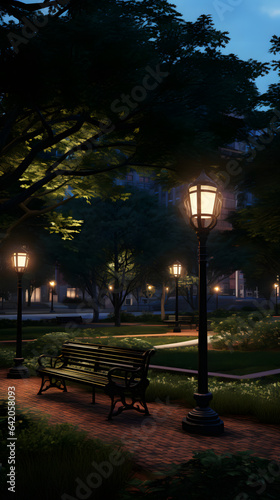 ライトアップされた夜の公園とベンチ