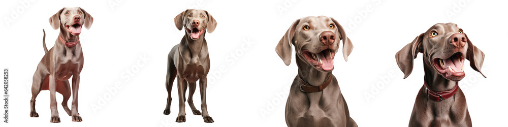 Grey Weimaraner dog stands alone in studio looking at camera with tongue out transparent background Grey Weimaraner dog stands alone in studio looking at camera with tongue out transparent background