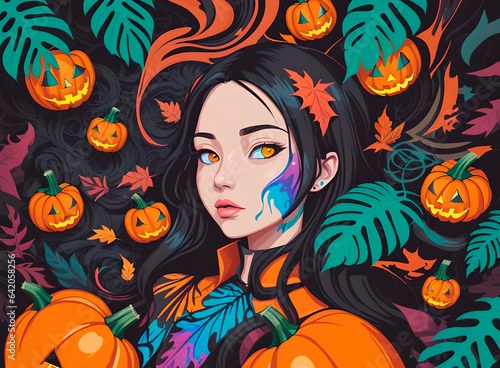 Illustration on the theme of Halloween with a portrait of a girl 