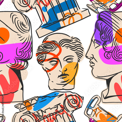 Hand drawn vector abstract graphic, greek ancient sculpture statues and column line art modern seamless pattern.Antique vintage classic sculpture in trendy line style.Antique statue design background.