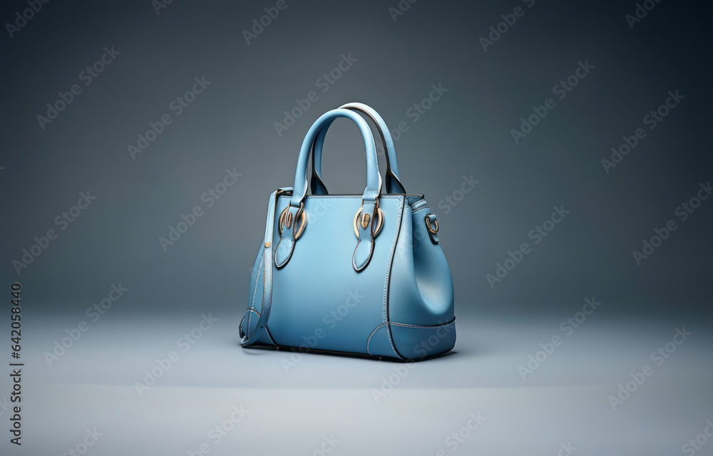 Beautiful trendy smooth youth women's handbag in gentle blue color on a light blue studio background Beautiful trendy smooth youth women's handbag in gentle blue color on a light blue studio background