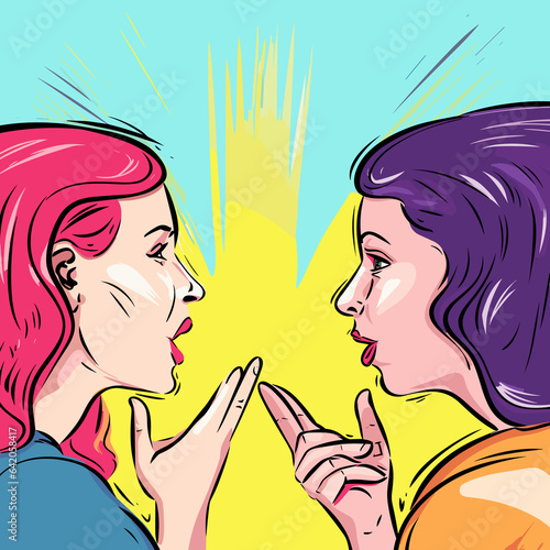 Two Women Talking To Each Other On A Background Of Rainbow Colors