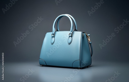 Beautiful trendy smooth youth women's handbag in gentle blue color on a light blue studio background