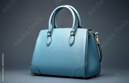 Beautiful trendy smooth youth women's handbag in gentle blue color on a light blue studio background
