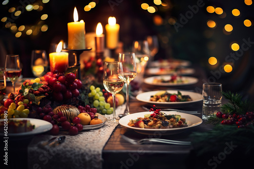 A photo of Christmas table with food