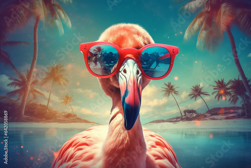 summer flamingo bird feather tropical pink sunglasses party animal hipster. Generative AI.