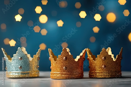 Fotografiet Three shiny golden crowns on navy blue background
