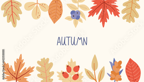 Childish horizontal frame template with floral and forest elements. Vector autumn background banner.