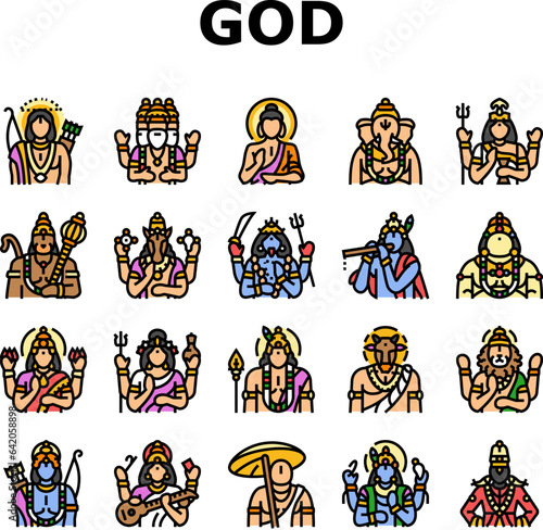 god indian hindu lord krishna icons set vector. india vishnu, hinduism janmashtami, art shiva, festival mythology, flute deity god indian hindu lord krishna color line illustrations