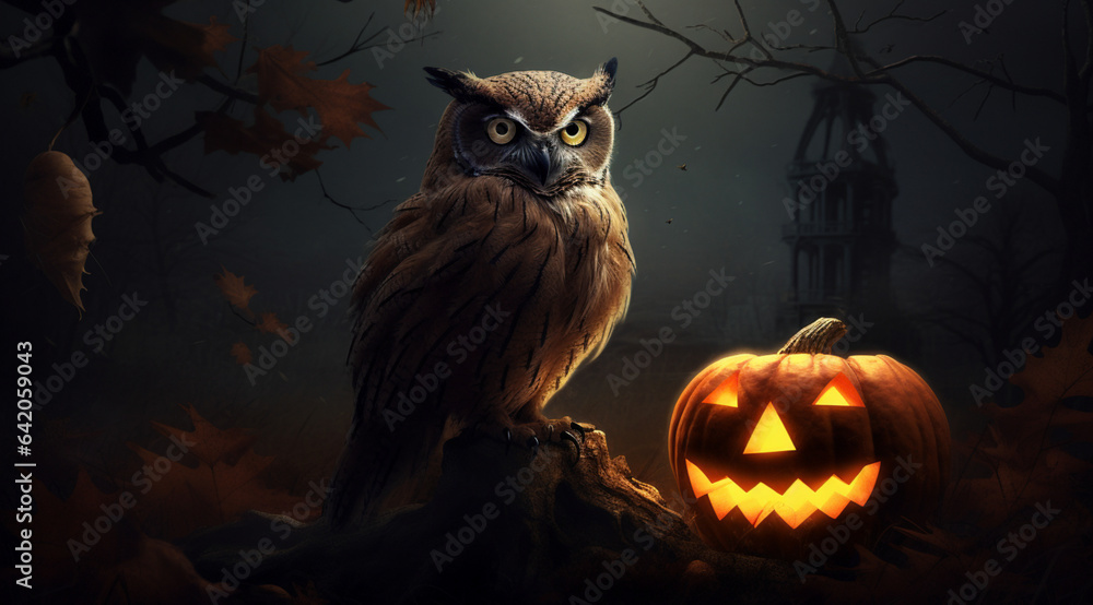 Fototapeta premium Owl with a pumpkin for Halloween, created with Generative AI technology.