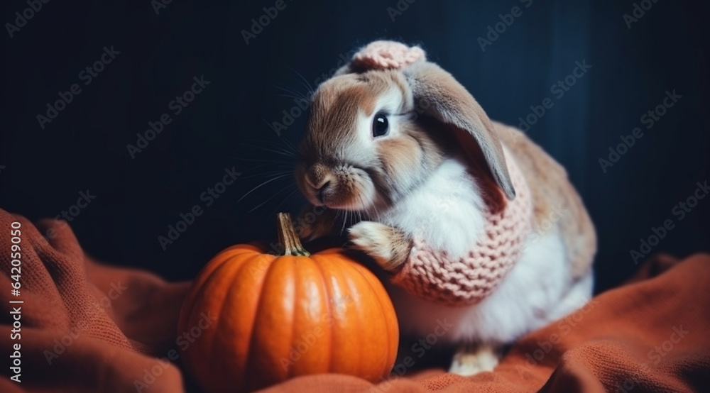 Naklejka premium Rabbit with a pumpkin for Halloween, created with Generative AI technology.