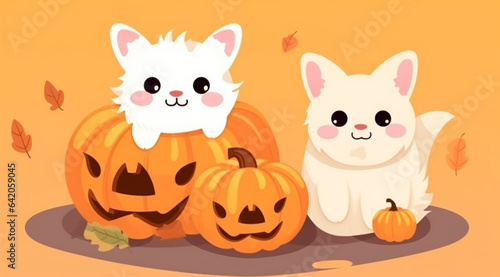 Kittens with pumpkins for Halloween, created with Generative AI technology. © Atlas