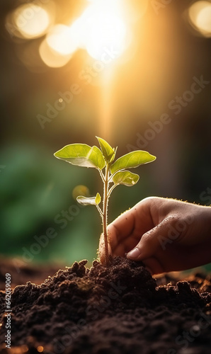 Person hand planting seedling growing step in garden with