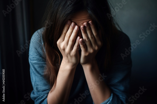 Photo woman in depression covers her face with her hands