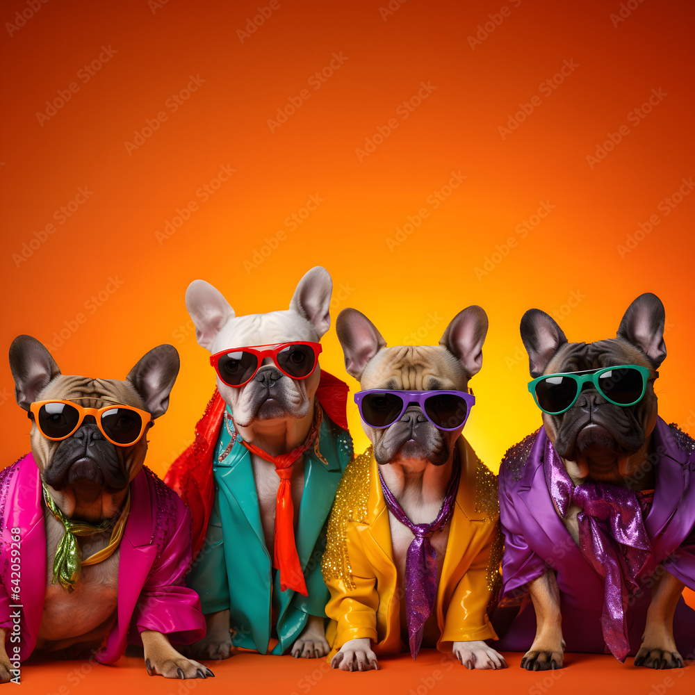 Animal visual concept. French bulldogs in fashionable outfits isolated on solid orange background advertisement, invitation banner, copy text space