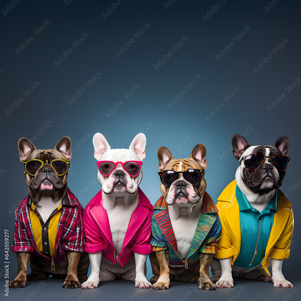 Animal visual concept. French bulldogs in fashionable outfits isolated on solid dark background advertisement, invitation banner, copy text space