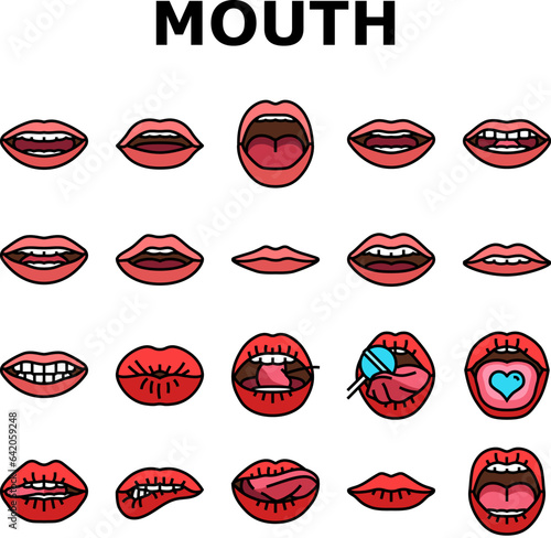 mouth character animation icons set vector. smile face, movement pronunciation, sync talk, expression speech, lip speak mouth character animation color line illustrations