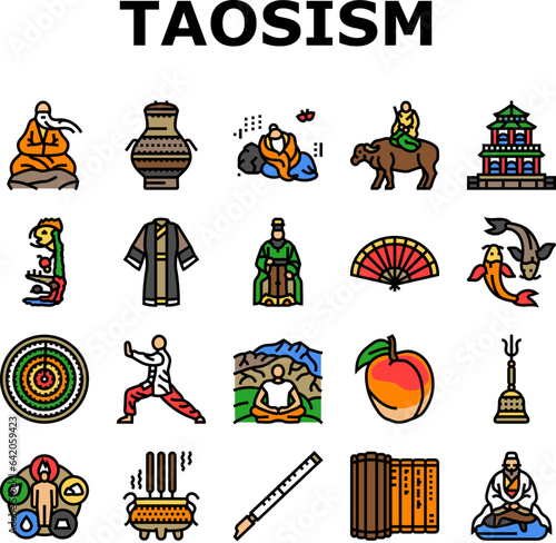 taoism yang yin ying chinese icons set vector. harmony philosophy, china religion, yinyang fish, ghost jang, book carp taoism yang yin ying chinese color line illustrations