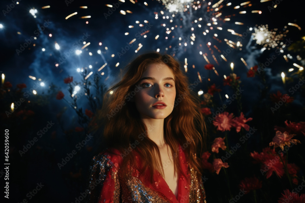filmic cinematic editorial portrait of young woman under night sky to watch the sky full of fireworks on new years eve/4th of July/party/celebration solitude/loneliness filmic cinematic editorial portrait of young woman under night sky to watch the sky full of fireworks on new years eve/4th of July/party/celebration solitude/loneliness
