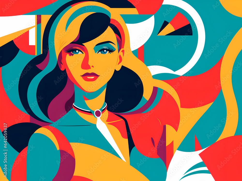 girl's face in the form of an illustration against a background of geometric objects girl's face in the form of an illustration against a background of geometric objects