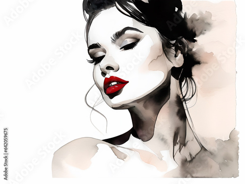 Watercolor illustration  portrait of a girl  model with red lips