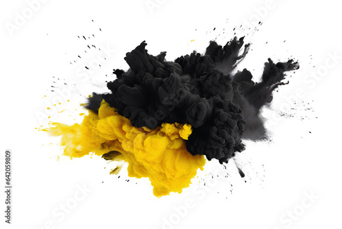 Abstract yellow and black color holi paint splashes and motion of yellow and black powder festival explosion, yellow and black dust exploding isolated on white background. photo